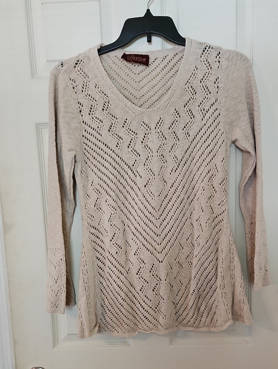 Bestow by California Blues Tops - Openwork V-Neck Knit Tunic Sweater - , Cream
